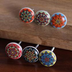 'Set of 6 Hand-Painted Floral Mandala-Style Ceramic Knobs'