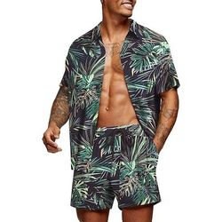 Per uomo Grafico Foglia di palma Piante Tropicali 2 pezzi Set di camicie Camicia hawaiana estiva Manica Corta Pantaloni corti Collo ripiegato Designer Spiaggia Vacanza Casuale Quotidiano 3D Estate