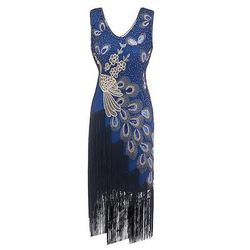 Anni Ruggenti Anni 1920 Lunghezza al ginocchio Vestito Abito Flapper Abito da cocktail Senza maniche Il grande Gatsby Invitato al matrimonio Paillettes Frangia con nappe Scollo a V Costume Per donna
