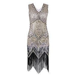 Anni Ruggenti Anni 1920 Lunghezza al ginocchio Vestito Abito Flapper Abito da Ballo Senza maniche Il grande Gatsby Charleston Invitato al matrimonio Frangia con nappe Scollo a V Costume Per donna