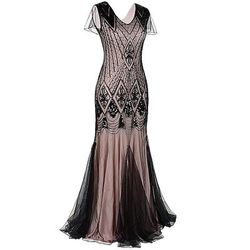 Anni Ruggenti Anni 1920 Maxi Lunghezza alla caviglia Vestito Abito da sera Abito da Ballo Normale Maniche corte Il grande Gatsby Charleston Invitato al matrimonio Paillettes Geometrico Sirena Tromba