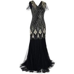 Anni Ruggenti Anni 1920 Maxi Lunghezza alla caviglia Vestito Abito da sera Abito da Ballo Normale Maniche corte Il grande Gatsby Charleston Invitato al matrimonio Paillettes Geometrico Sirena Tromba
