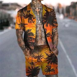 Per uomo Albero di Cocco Piante Tropicali 2 pezzi Set di camicie Camicia hawaiana estiva Manica Corta Pantaloni corti Colletto cubano Tropicale Moda Hawaiano Streetwear Casuale Camicia hawaiana