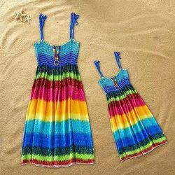 Mamma e io Giornata universale dell'infanzia Vestitini Arcobaleno A strisce Da tutti i giorni Stampa Multicolore Blu Verde Senza maniche Al ginocchio Abito senza maniche Boho Abiti coordinati
