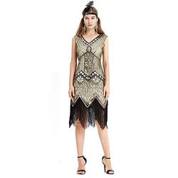 Anni Ruggenti Anni 1920 Lunghezza al ginocchio Lunghezza media Vestito Abito Flapper Abito da Ballo Senza maniche Il grande Gatsby Charleston Taglie Forti Invitato al matrimonio Scollo a V Spacco a V