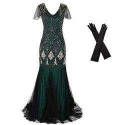 Anni Ruggenti Anni 1920 Lunghezza al pavimento Abito da sera Abiti Set di accessori Maniche corte Il grande Gatsby Invitato al matrimonio Paillettes Paillettes Scollo a V Costume Per donna Carnevale