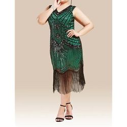 Anni Ruggenti Anni 1920 Midi Vestito Abito Flapper Abito da Ballo Taglie Forti Normale Senza maniche Il grande Gatsby Charleston Invitato al matrimonio Paillettes Scollo a V Costume Per donna