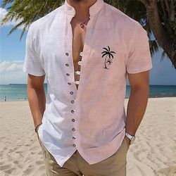 Per uomo Palma Piante Tropicali Camicia hawaiana estiva Camicia Aloha Camicie Stampate Maniche Corte Camicia Colletto Mao Hawaiano Resort Vacanza Ferie Abbigliamento quotidiano Rosa Blu Azzurro cielo