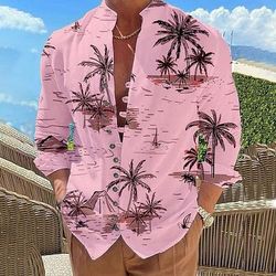 Per uomo Albero di Cocco Piante Tropicali Camicia Camicia hawaiana estiva Camicia Aloha Manica Lunga Camicia Collo alla coreana Moda Designer Casual All'aperto Vacanza Streetwear Bianco Rosa Blu S M L