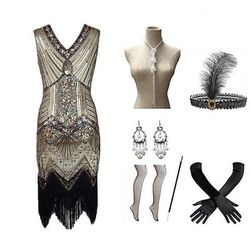 Anni Ruggenti Anni 1920 Lunghezza al ginocchio Vestito Abito Flapper Abiti Senza maniche Il grande Gatsby Charleston Taglie Forti Frangia con nappe Piuma Scollo a V Costume Per donna Carnevale