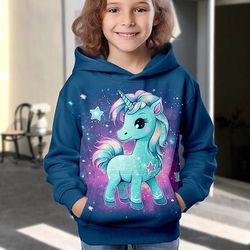 Da ragazza 3D Animali Unicorno Felpa con cappuccio Manica lunga Stampa 3D Primavera Autunno Inverno Di tendenza Streetwear Adorabile Bambino 3-12 anni Esterno Giornaliero Al coperto Standard