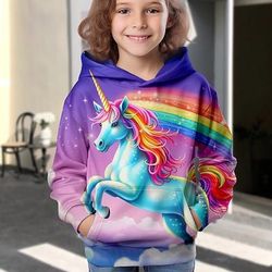 Da ragazza 3D Animali Unicorno Felpa con cappuccio Manica lunga Stampa 3D Primavera Autunno Inverno Di tendenza Streetwear Adorabile Bambino 3-12 anni Esterno Giornaliero Al coperto Standard