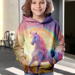 Da ragazza 3D Animali Unicorno Felpa con cappuccio Manica lunga Stampa 3D Primavera Autunno Inverno Di tendenza Streetwear Adorabile Bambino 3-12 anni Esterno Giornaliero Al coperto Standard
