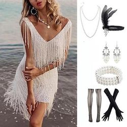 Anni Ruggenti Anni 1920 Mini Abito Flapper Abiti Set di accessori Senza maniche Il grande Gatsby Invitato al matrimonio Paillettes Frangia con nappe Paillettes Nappa Scollo a V Costume Per donna