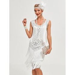 Anni Ruggenti Anni 1920 Lunghezza al ginocchio Vestito Abito Flapper Senza maniche Il grande Gatsby Charleston Invitato al matrimonio Paillettes Frangia con nappe Scollo Tondo Costume Per donna