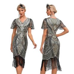 Anni Ruggenti Anni 1920 Lunghezza al ginocchio Vestito Abito Flapper Maniche corte Il grande Gatsby Invitato al matrimonio Paillettes Frangia con nappe Scollo a V Costume Per donna Mascherata Festa