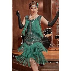 Anni Ruggenti Anni 1920 Lunghezza al ginocchio Vestito Abito Flapper Senza maniche Il grande Gatsby Charleston Paillettes Frangia con nappe Scollo Tondo Costume Per donna Carnevale Mascherata Festa