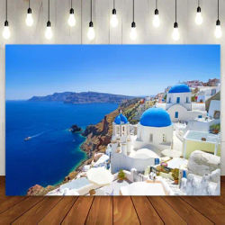 Santorini Birthday Party Backdrop Banner Greece Town Landscape Photography Background Greek Mediterranean coast Nature Scenery