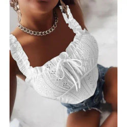 Top Women 2024 Summer Fashion Eyelet Embroidery Frill Hem Casual Square Neck Sleeveless Plain Skinny Daily Tied Detail Tank Top