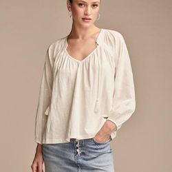 Lucky Brand Knit Mix Peasant Blouse - Women's Clothing Peasant Tops Shirts in White, Size XS