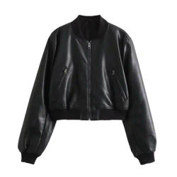 Autumn and Winter New Women's Fashion Versatile Short Motorcycle Faux Leather Pilot Jacket Coat Leather Coat