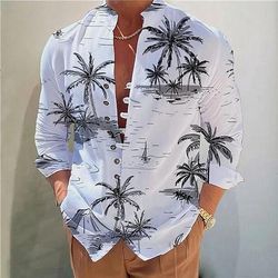 Per uomo Albero di Cocco Piante Tropicali Camicia Camicia hawaiana estiva Camicia Aloha Manica Lunga Camicia Collo alla coreana Moda Designer Casual All'aperto Vacanza Streetwear Giallo Blu Arancione