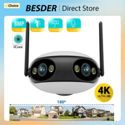 4MP 2K HD Wifi IP Camera Outdoor Dual Lens 180° View Angle Security Camera Human Detect Panoramic POE Surveillance Camera iCSee