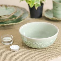 Wealthy Peony,'Leafy and Floral Green Ceramic Bowl with Crackled Finish'