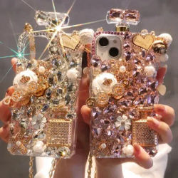 Rhinestone Perfume Bottle Shape Phone Cover with Crystal Pumpkin Pattern, Crossbody, For iPhone 16 15, 14 Pro Max