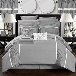 Chic Home Design Auburn 24 Piece Comforter Complete Bed In A Bag Pleated Ruffled Designer Embellished Bedding Set - Grey - QUEEN