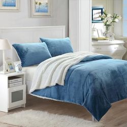 Chic Home Design Ernest 7-Piece Plush Microsuede Sherpa Blanket, Sheet Set - Blue - KING