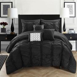 Chic Home Design Luna 10 Piece Comforter Bed In A Bag Ruffled Pinch Pleat Embellished Design Complete Bedding Set - Black - QUEEN