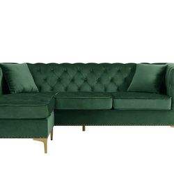 Chic Home Design Levin Left Hand Facing Sectional Sofa L Shape Chaise Velvet Button Tufted Rolled Arm With Gold Nail Head Trim Gold Tone Metal Y-Leg - Green