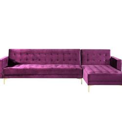 Chic Home Design Amandal Right Facing Convertible Sectional Sofa Sleeper Bed L Shape Chaise Tufted Velvet Upholstered Gold Tone Metal Y-Leg - Purple