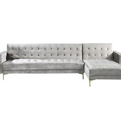 Chic Home Design Amandal Right Facing Convertible Sectional Sofa Sleeper Bed L Shape Chaise Tufted Velvet Upholstered Gold Tone Metal Y-Leg - Grey