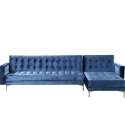 Chic Home Design Amandal Right Facing Convertible Sectional Sofa Sleeper Bed L Shape Chaise Tufted Velvet Upholstered Gold Tone Metal Y-Leg - Blue