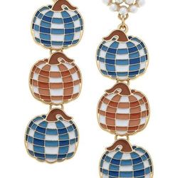 Canvas Style For Pete's Sake Pottery Linked Gingham Pumpkin Earring In Blue & Orange - Blue