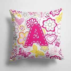 Caroline's Treasures 14 in x 14 in Outdoor Throw PillowLetter A Flowers and Butterflies Pink Fabric Decorative Pillow - 15 X 15 IN