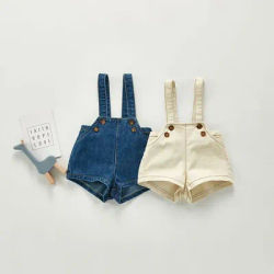 Pantaloncini di jeans per bambini alla moda 0-3 anni neonati in tinta unita con bretelle elastiche