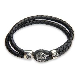 Lotus in Black,'Artisan Crafted Silver and Leather Bracelet'