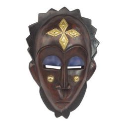 Gleaming Forehead,'Handmade African Sese Wood and Brass Mask from Ghana'