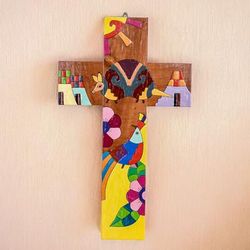 Nature & Peace,'Hand-Painted Folk Art-Themed Pinewood Wall Cross'