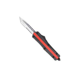 CobraTec Knives FS-3 Medium OTF Automatic Folding Knives 3in D2 Steel Tanto Serrated Blade Red Line Fire Fighter Handle MRLFFFS-3TS