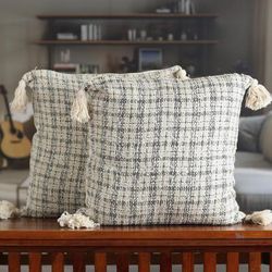 Ivory Appeal,'Pair of Tattersall Ivory Cotton Blend Cushion Covers'