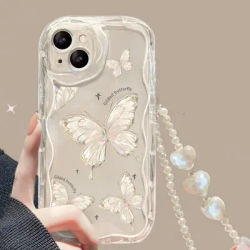 Pearl Chain Lanyard Phone Case For Huawei Honor 90 Lite 5G P30 Mate 30 40 Pro P40 Nova 9 SE 10 SE 11 5T 7 Pro Flower Wave Cover