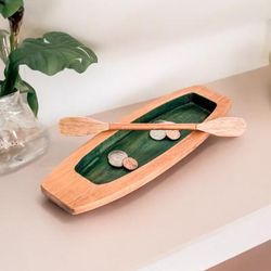 To the Green Lagoon,'Handmade Brown and Green Cedarwood Boat Catchall with Paddle'