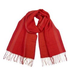 Fiery Existence,'Handloomed Red and Orange Baby Alpaca Blend Fringed Scarf'