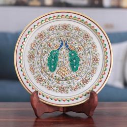 'Peacock-Themed Floral Marble Decorative Plate from India'