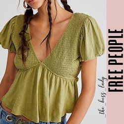 Free People Tops | Free People Top Smocked Pleated Ruffles Cotton Summer Spring Boho | Color: Green | Size: L