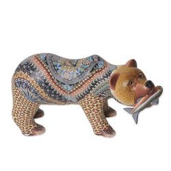 Successful Grizzly,'Colorful Polymer Clay Bear Sculpture (6 Inch) from Bali'